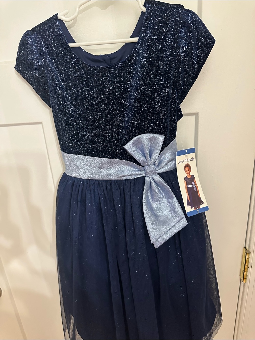 Jona Michelle Navy Glitter Dress with Silver Bow